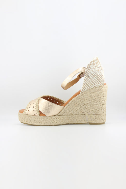 Jutelia Peep-Toe Espadrille Wedge with Decorative Perforated Toe and Ankle Strap